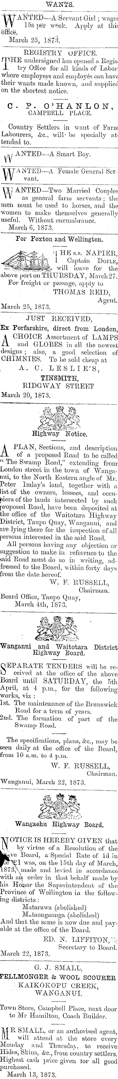 Papers Past Newspapers Wanganui Herald 26 March 1873 Page 3 Advertisements Column 1