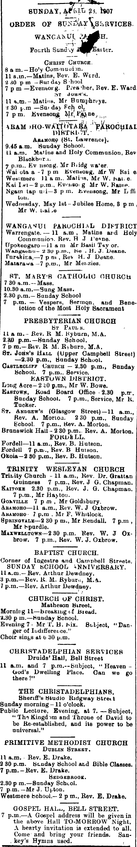 Papers Past Newspapers Wanganui Herald 27 April 1907 Church Services