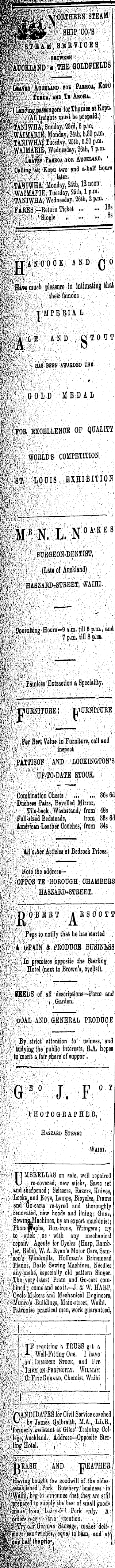 Papers Past Newspapers Waihi Daily Telegraph 26 July 1905 Page 2 Advertisements Column 1