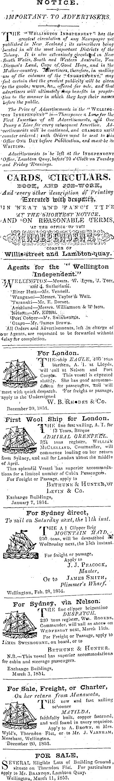 Papers Past Newspapers Wellington Independent 15 March 1854 Page 1 Advertisements Column 1