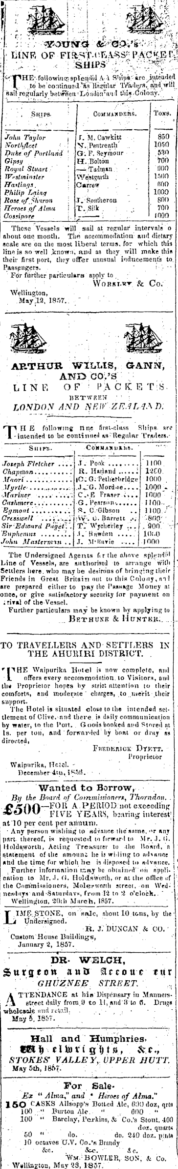 Papers Past Newspapers Wellington Independent 3 June 1857 Page 1 Advertisements Column 3