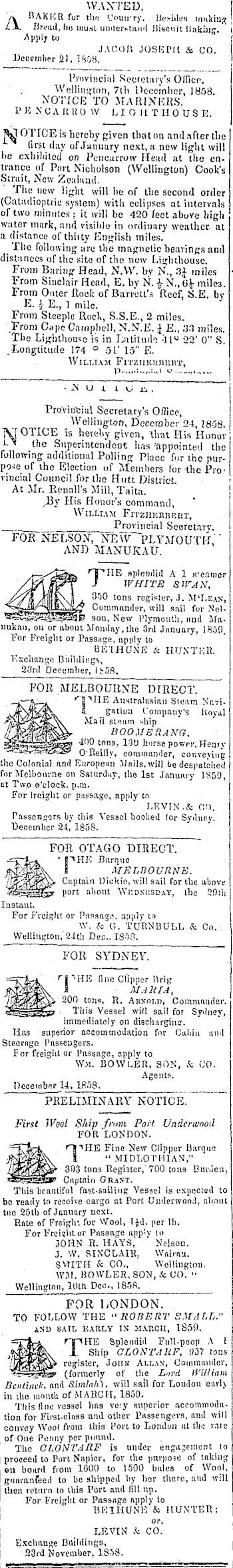 Papers Past Newspapers Wellington Independent 25 December 1858 Page 3 Advertisements Column 4