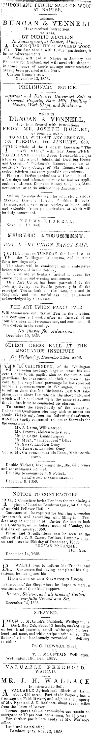 Papers Past Newspapers Wellington Independent 22 December 1858 Page 2 Advertisements Column 3