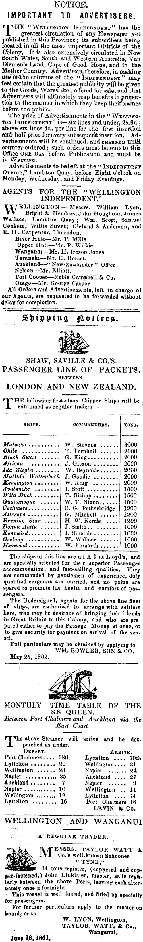 Papers Past Newspapers Wellington Independent 30 August 1862 Page 1 Advertisements Column 1