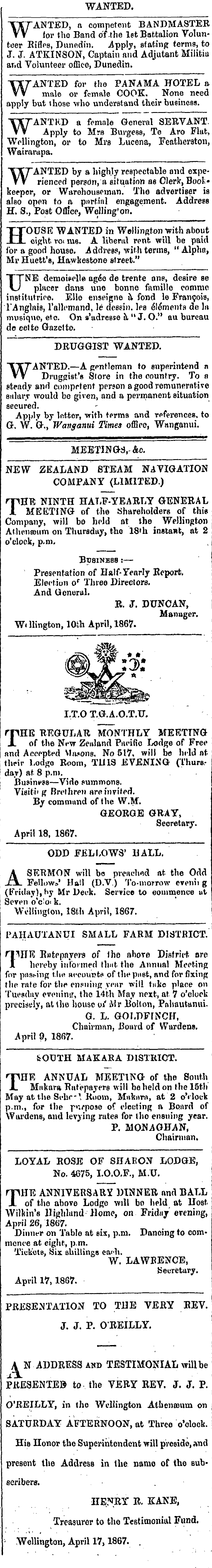 Papers Past Newspapers Wellington Independent 18 April 1867 Page 1 Advertisements Column 5