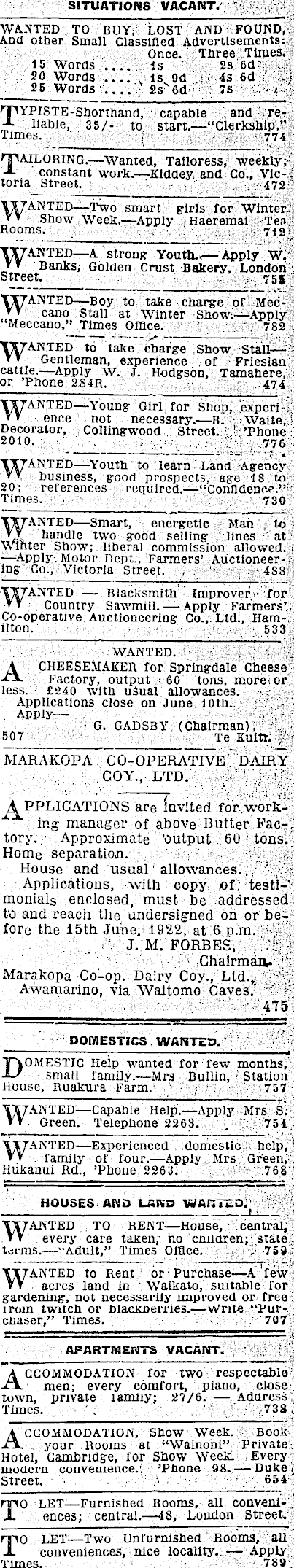 Papers Past Newspapers Waikato Times 27 May 1922 Page 1 Advertisements Column 8