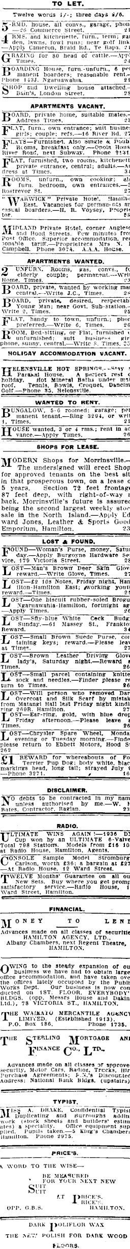 Papers Past Newspapers Waikato Times 12 August 1936 Page 1 Advertisements Column 7