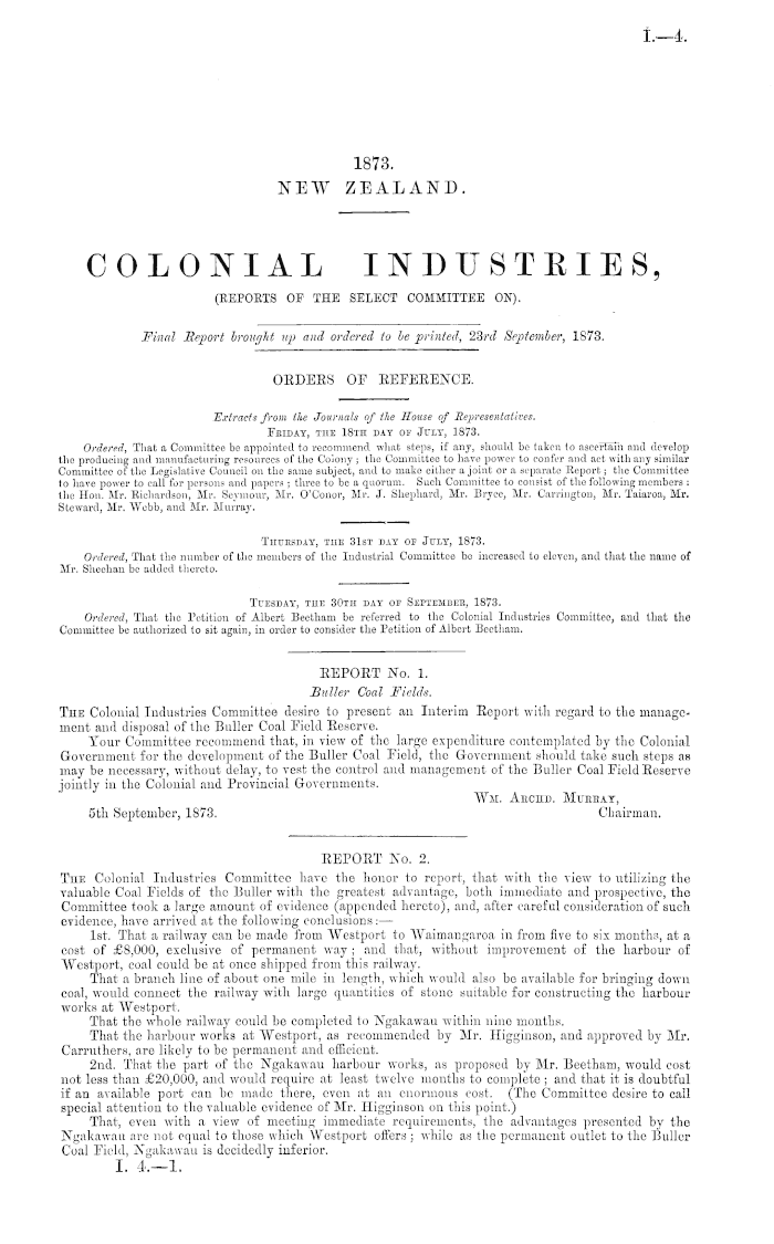 Papers Past, Parliamentary Papers, Appendix to the Journals of the House  of Representatives, 1873 Session I