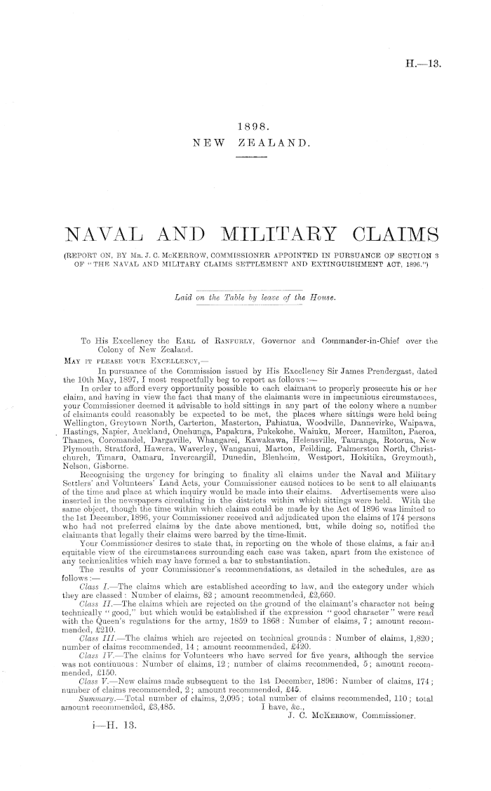 Papers Past | Parliamentary Papers | Appendix To The Journals Of The House  Of Representatives | 1898 Session I | Naval And Military Claims (Report On,  By Mr. J.c....