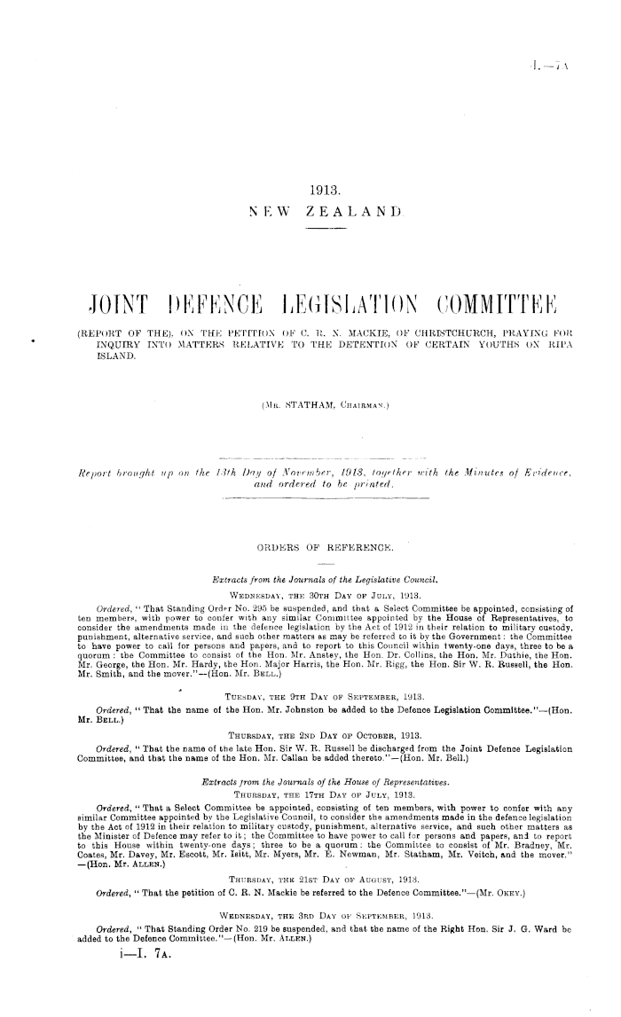 Papers Past Parliamentary Papers Appendix To The Journals Of The House Of Representatives 1913 Session I Joint Defence Legislation Committee Report Of