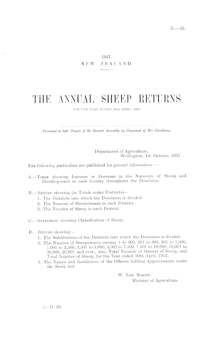 Papers Past Parliamentary Papers Appendix To The Journals Of The House Of Representatives 1937 Session I The Annual Sheep Returns For The Year Ended 30th