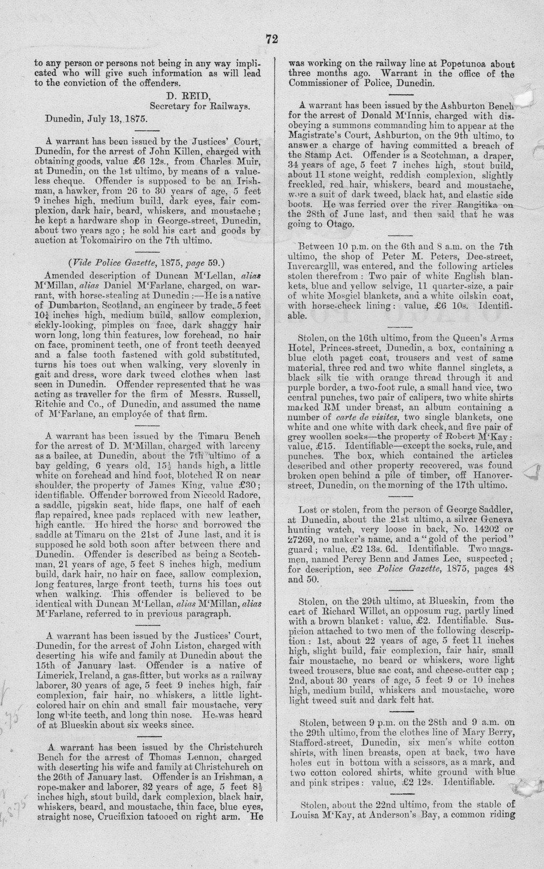 Papers Past, Magazines and Journals, Otago Police Gazette, 10 August  1875