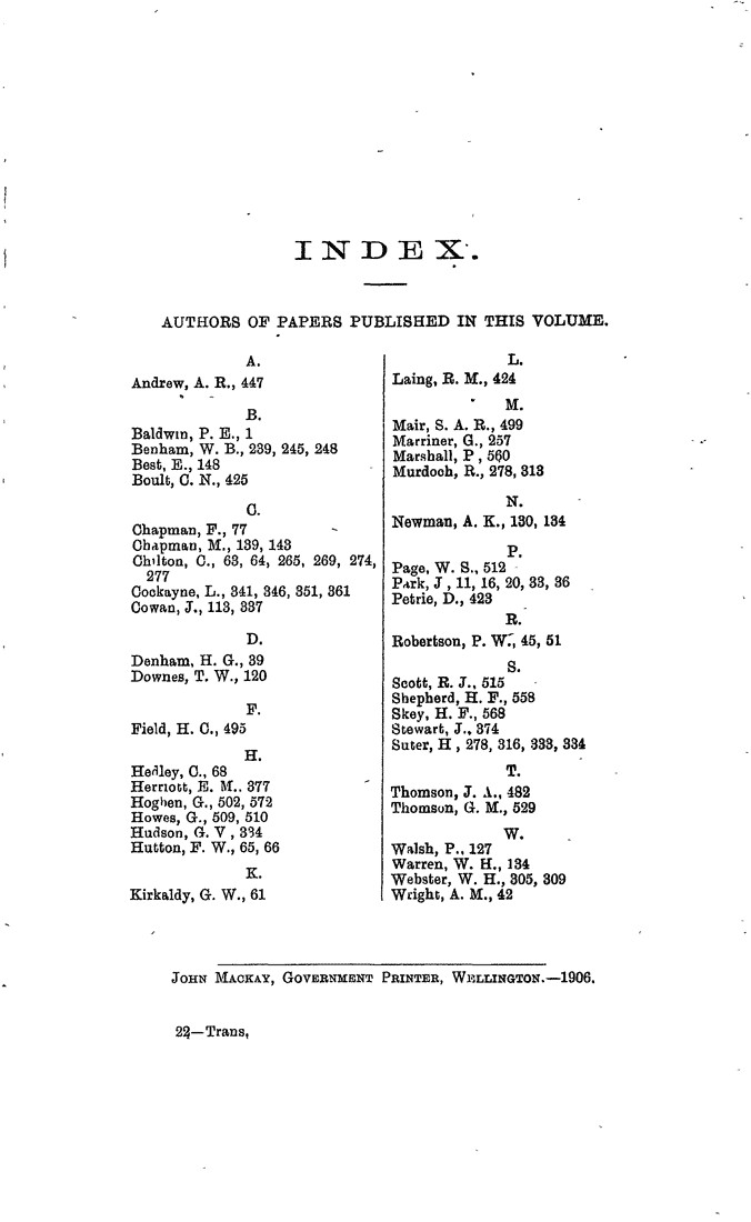 Papers Past Magazines And Journals Transactions And Proceedings Of The Royal Society Of New Zealand 1905 Index