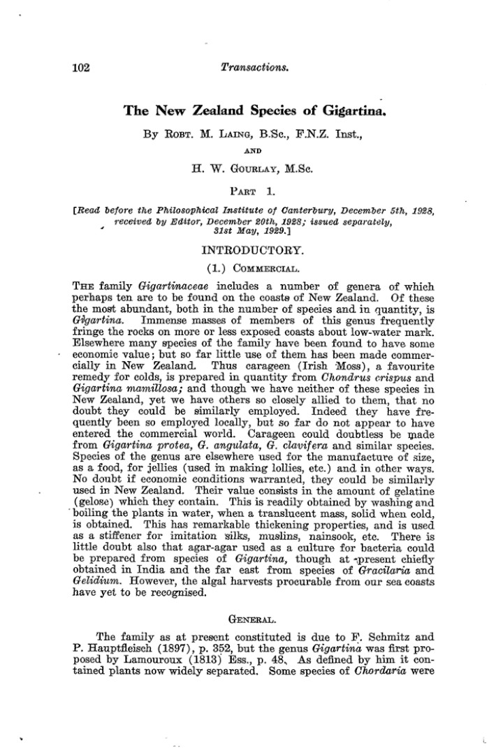 Papers Past Magazines And Journals Transactions And Proceedings Of The Royal Society Of New Zealand 1930 The New Zealand Species Of Gigartina