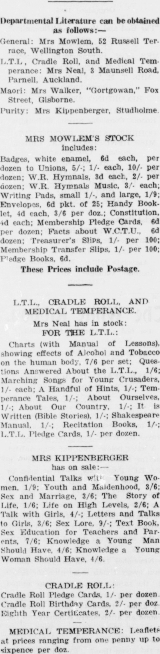 Papers Past | Magazines and Journals | White Ribbon | 18 October 1923 |  N.Z. W.C.T.U. Literature.