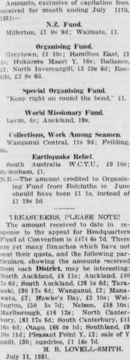 Papers Past Magazines And Journals White Ribbon 18 July 1931 N Z Treasurer S Report